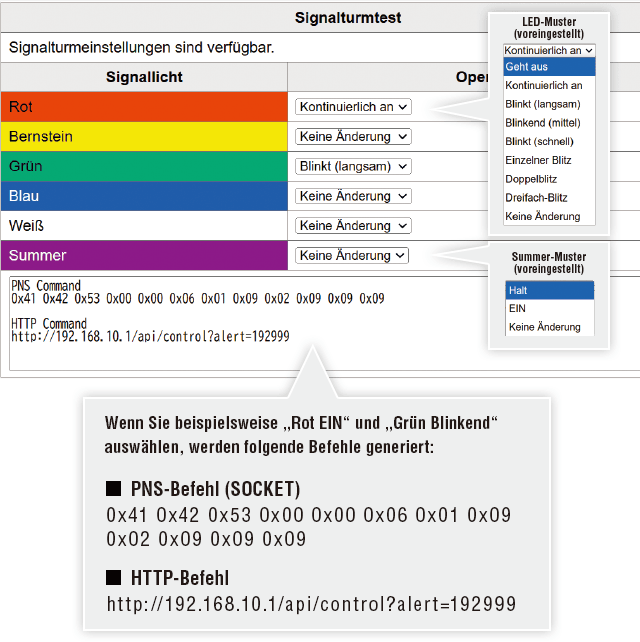 Softwareansicht zur Steuerung des Signalturms