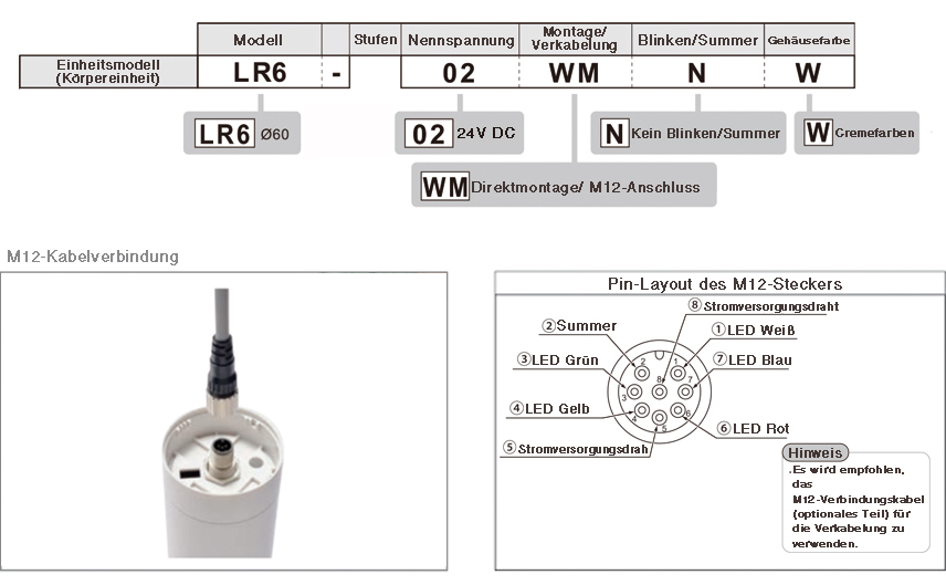 60mm-LED-Signalturm mit M12-Stecker / LR6-WM - PATLITE - PATLITE